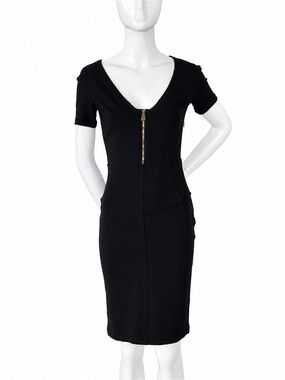 Versace Black Sheath Gold Medusa Zip Stretch Pencil Dress